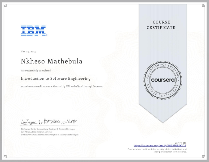 Introduction to Software Engineering Certificate Preview